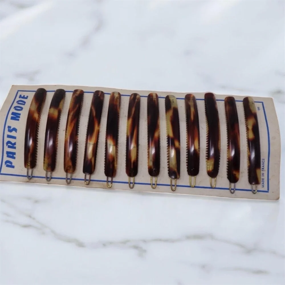 New 1960’s Tortoiseshell French Hair Clips with a Curved Design, One Pair,  3”‎